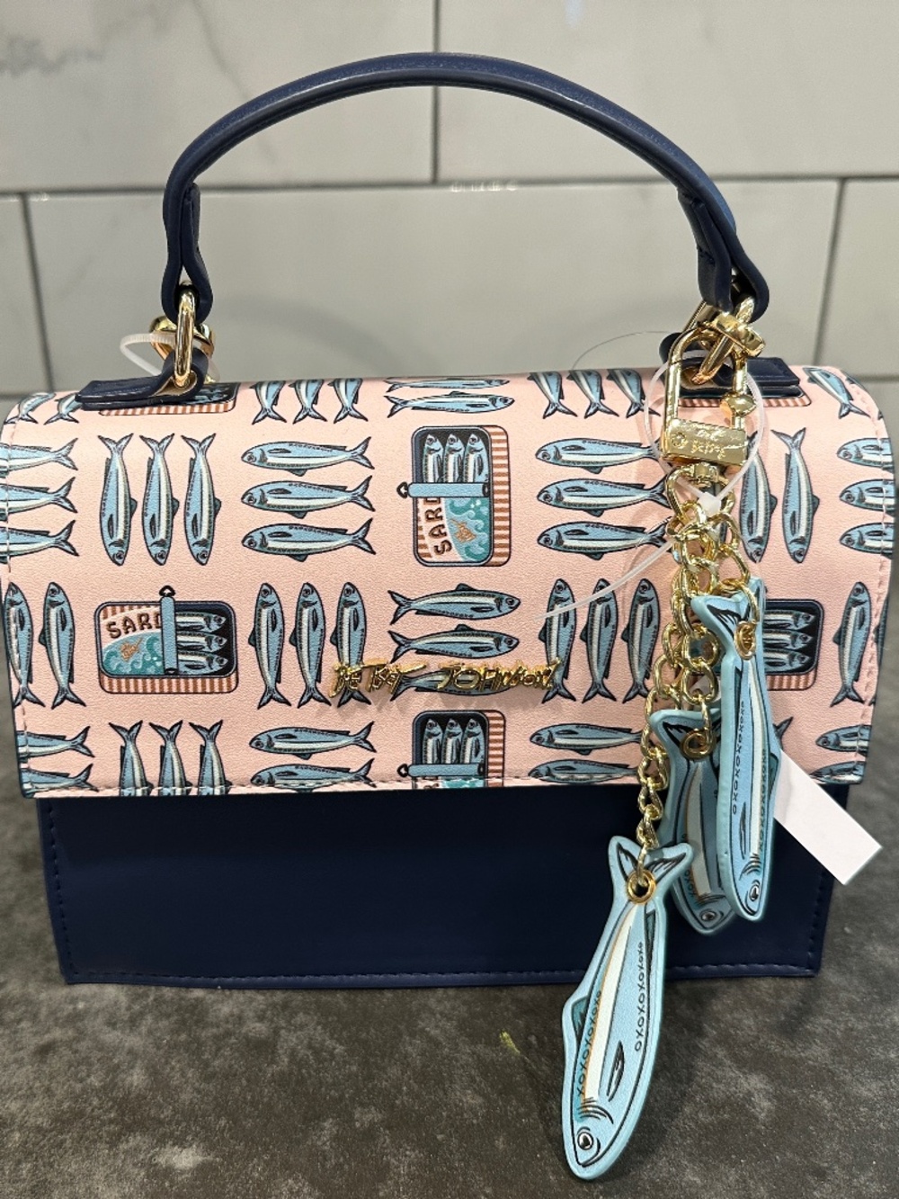 BETSEY JOHNSON SARDINES SHOULDER CROSSBODY PURSE NAVY BLUE & PINK GOLD TONE